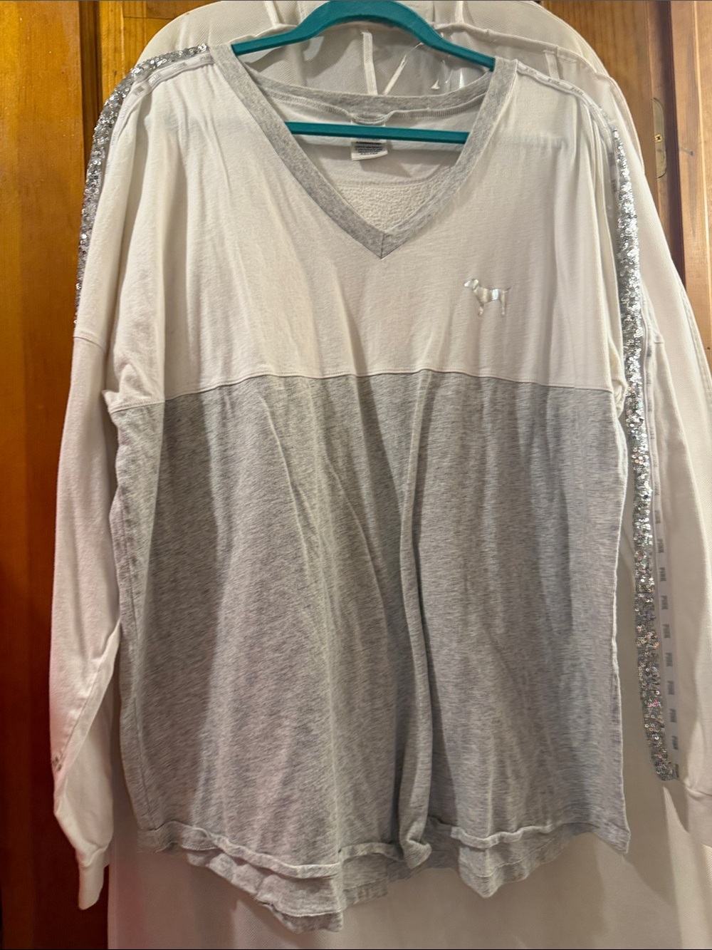 Girls' Two-Tone Grey & White V-Neck Top with Sequin Trim